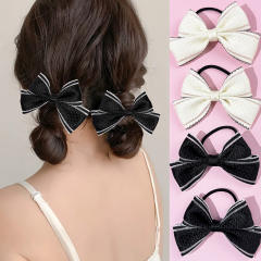 Sweet black beige ribbon bow hair ties