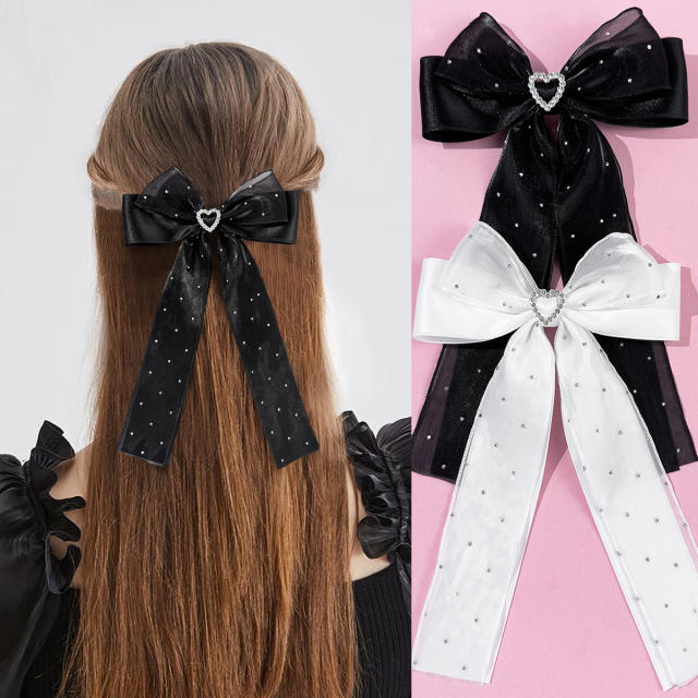Spring summer organza ribbon bow long hair clips