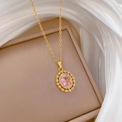 Dainty oval pink diamond pendant stainless steel chain necklace