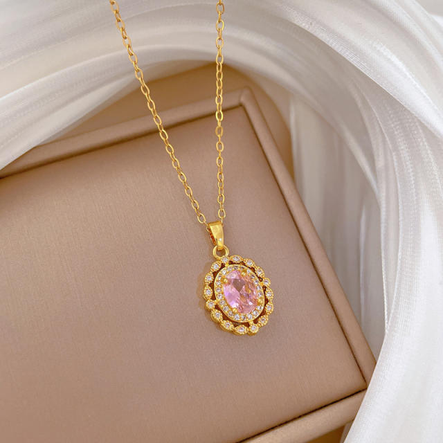 Dainty oval pink diamond pendant stainless steel chain necklace