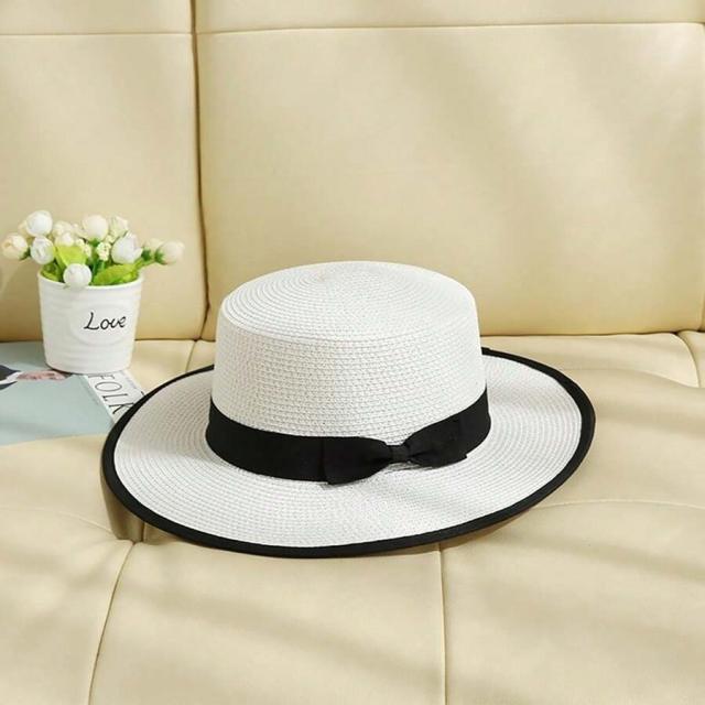 French Flat Top Straw Hat Women's Sunshade Summer Hat for Traveling Vacation Seaside