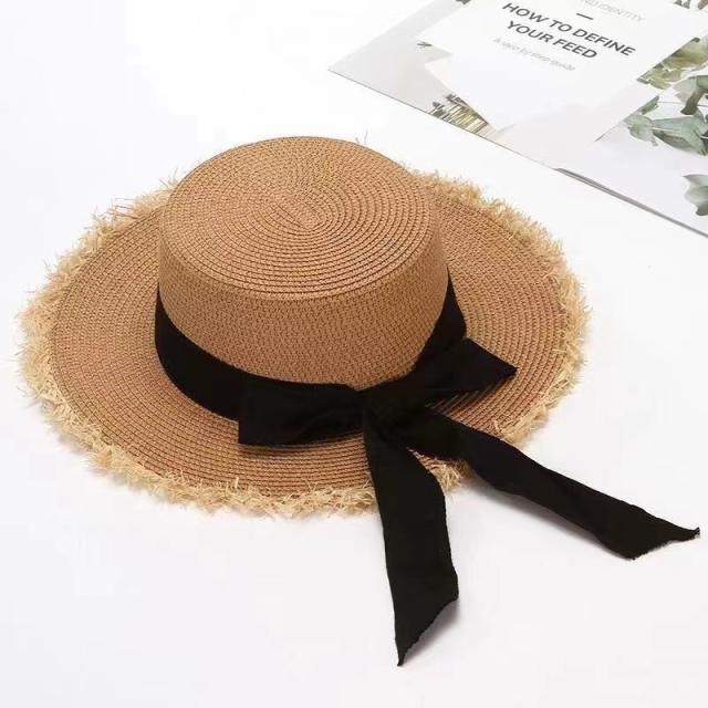 Straw hat women's summer Bow flat raffia big brim hat travel beach hat sunshade sun hat