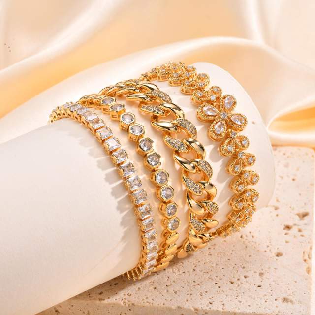 Luxury gold plated copper full diamond cuban link chain tennis chain bracelet collection