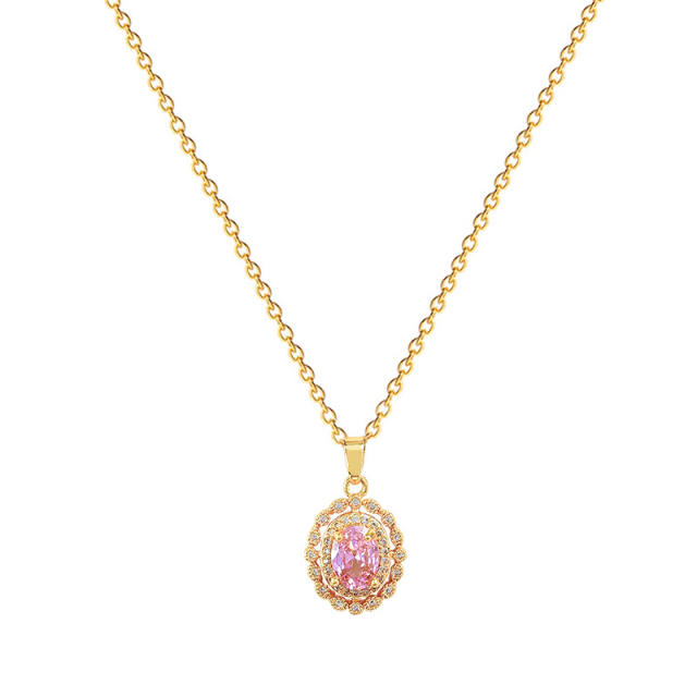 Dainty oval pink diamond pendant stainless steel chain necklace