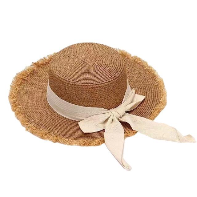 Straw hat women's summer Bow flat raffia big brim hat travel beach hat sunshade sun hat