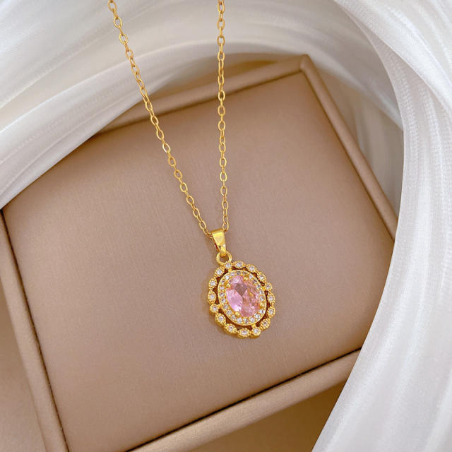 Dainty oval pink diamond pendant stainless steel chain necklace
