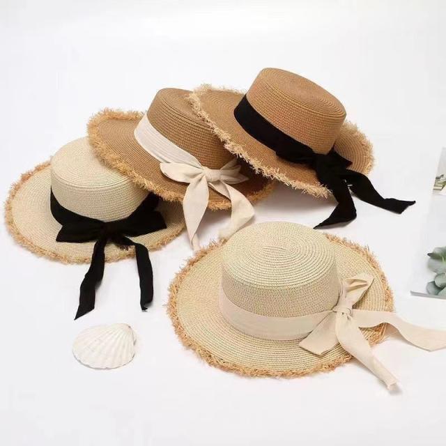 Straw hat women's summer Bow flat raffia big brim hat travel beach hat sunshade sun hat