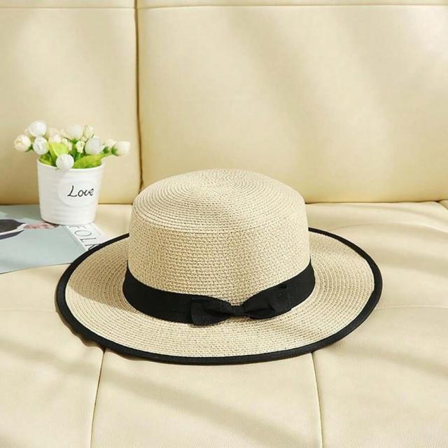 French Flat Top Straw Hat Women's Sunshade Summer Hat for Traveling Vacation Seaside