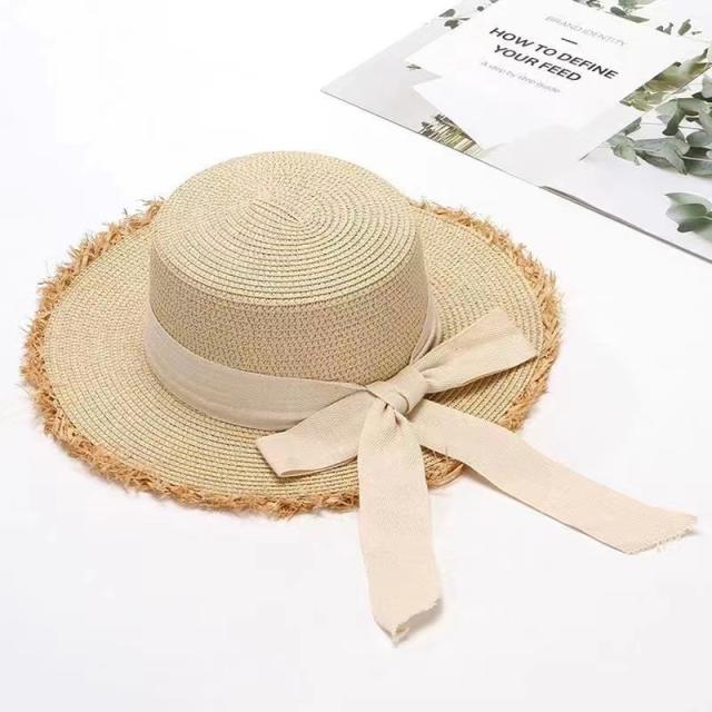 Straw hat women's summer Bow flat raffia big brim hat travel beach hat sunshade sun hat