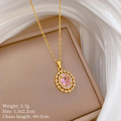 Dainty oval pink diamond pendant stainless steel chain necklace