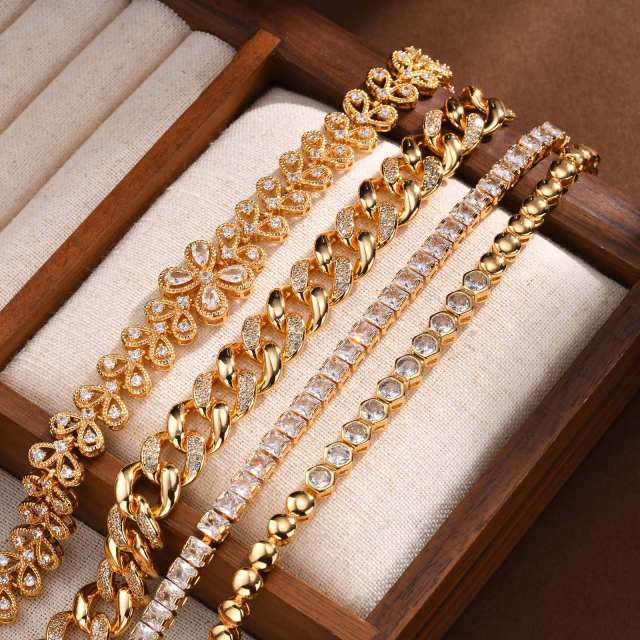 Luxury gold plated copper full diamond cuban link chain tennis chain bracelet collection