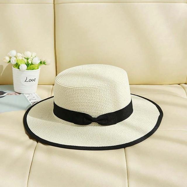 French Flat Top Straw Hat Women's Sunshade Summer Hat for Traveling Vacation Seaside