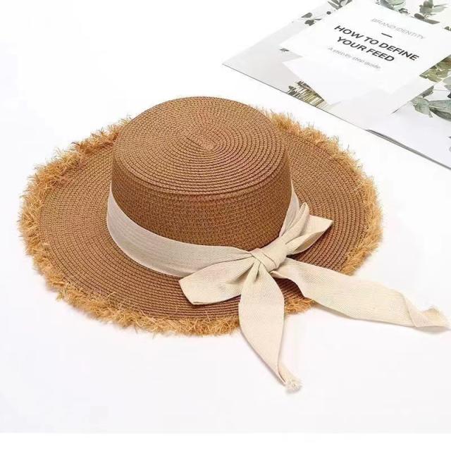 Straw hat women's summer Bow flat raffia big brim hat travel beach hat sunshade sun hat