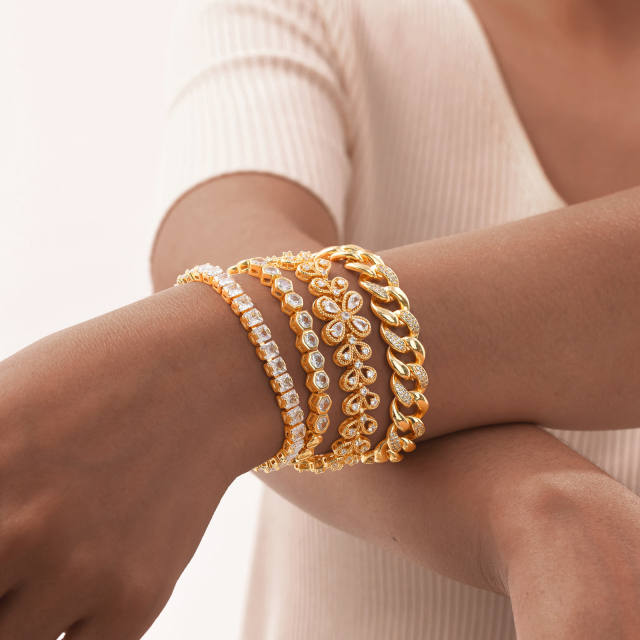 Luxury gold plated copper full diamond cuban link chain tennis chain bracelet collection