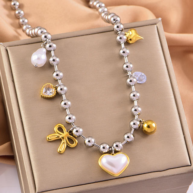 Hip-hop mix color beaded thick necklace pearl square brand love charm necklace stainless steel necklace