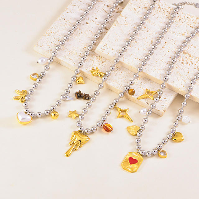 Hip-hop mix color beaded thick necklace pearl square brand love charm necklace stainless steel necklace