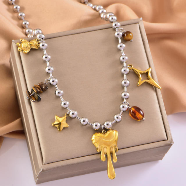 Hip-hop mix color beaded thick necklace pearl square brand love charm necklace stainless steel necklace
