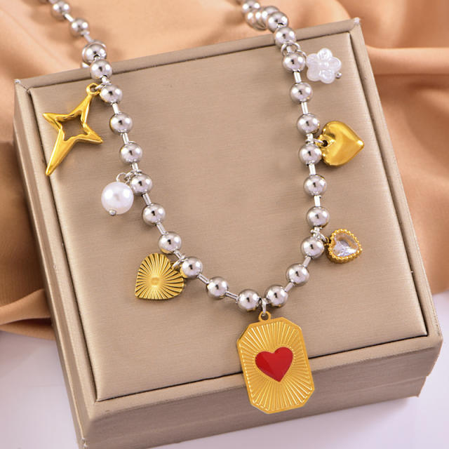 Hip-hop mix color beaded thick necklace pearl square brand love charm necklace stainless steel necklace