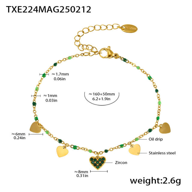 INS sweet colorful diamond heart bead stainless steel necklace bracelet anklet