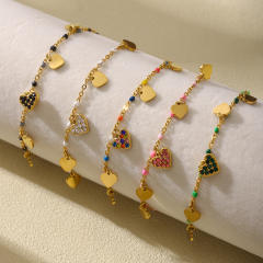 INS sweet colorful diamond heart bead stainless steel necklace bracelet anklet