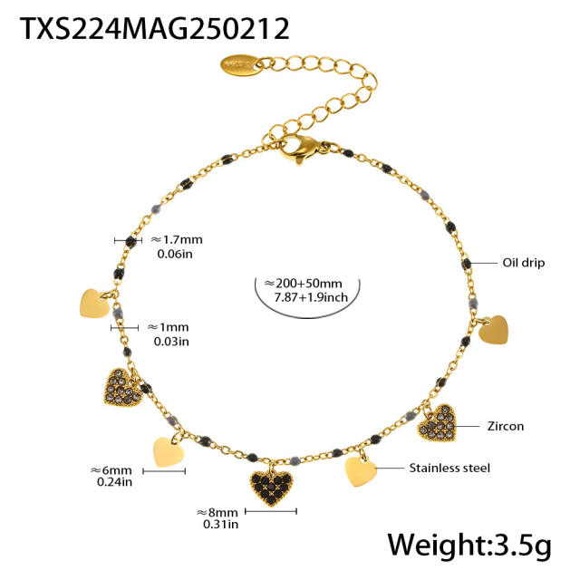 INS sweet colorful diamond heart bead stainless steel necklace bracelet anklet
