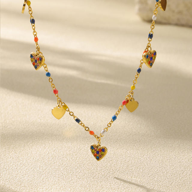 INS sweet colorful diamond heart bead stainless steel necklace bracelet anklet
