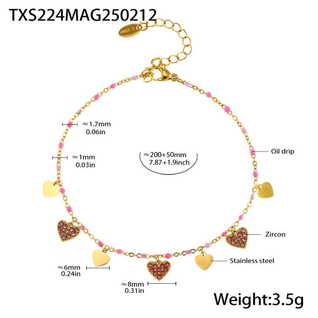 INS sweet colorful diamond heart bead stainless steel necklace bracelet anklet