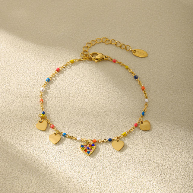 INS sweet colorful diamond heart bead stainless steel necklace bracelet anklet