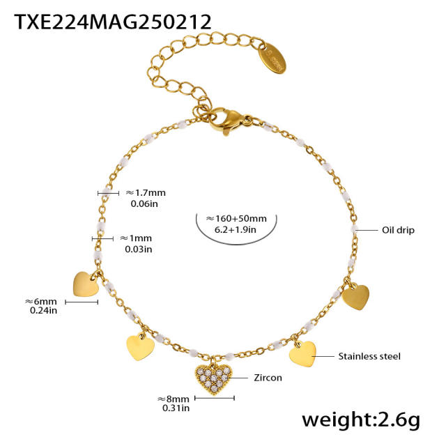INS sweet colorful diamond heart bead stainless steel necklace bracelet anklet
