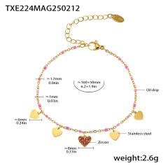 INS sweet colorful diamond heart bead stainless steel necklace bracelet anklet