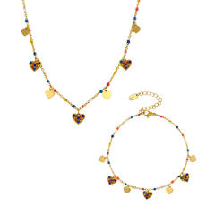 INS sweet colorful diamond heart bead stainless steel necklace bracelet anklet