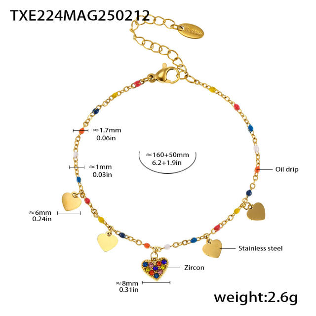 INS sweet colorful diamond heart bead stainless steel necklace bracelet anklet