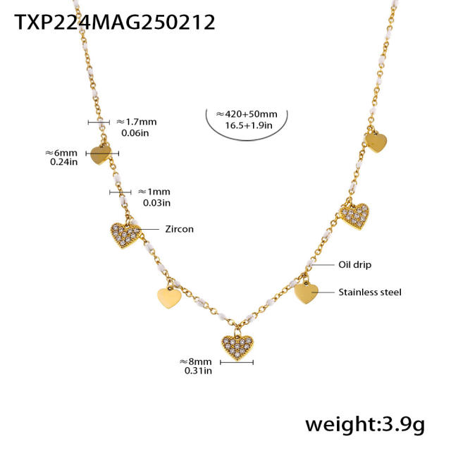 INS sweet colorful diamond heart bead stainless steel necklace bracelet anklet