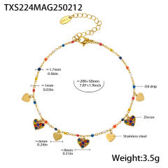 INS sweet colorful diamond heart bead stainless steel necklace bracelet anklet