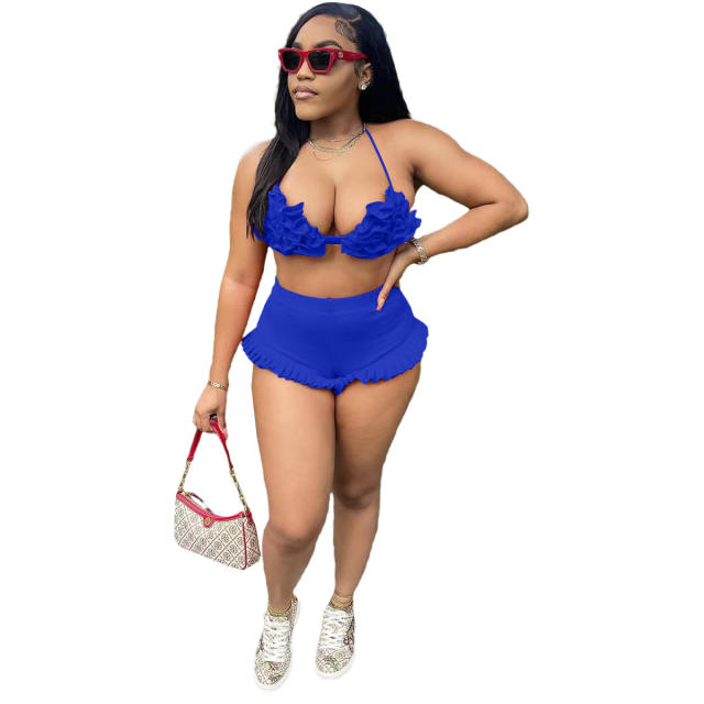 Sexy Strap Neck Backless Ruffled Shorts Set