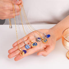Fashion Sun Moon star blue enamel pendant stainless steel chain necklace