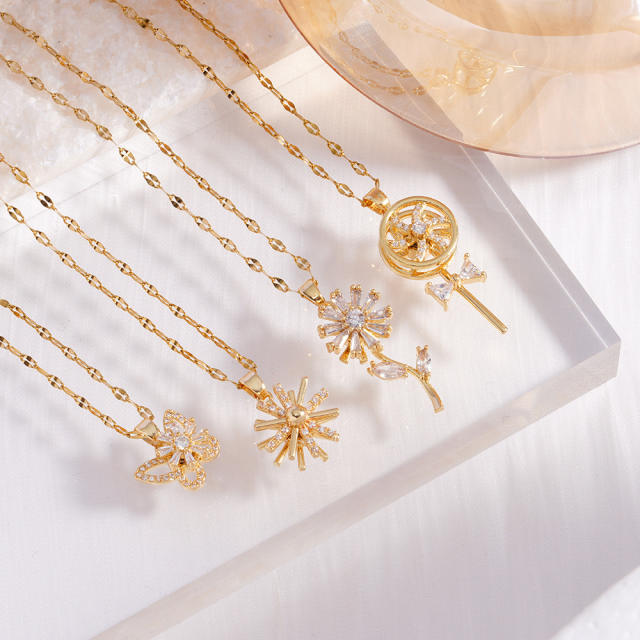 Zircon Time-running Rotating Four-leaf Clover stainless steel chain necklace