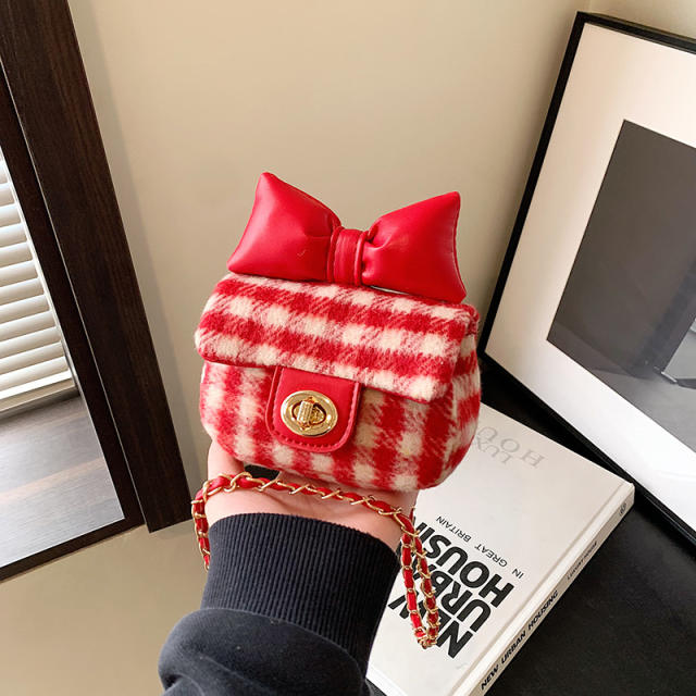 Cute plaid pattern sweet bow purse bag chain bag box bag for women girls
