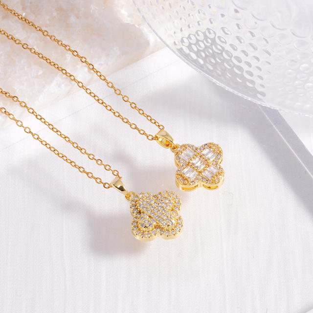 Dainty diamond four leaf clover pendant stainless steel chain necklace