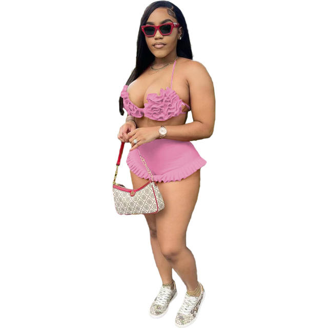 Sexy Strap Neck Backless Ruffled Shorts Set