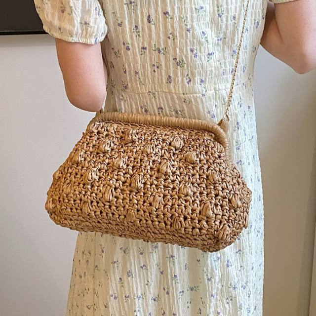 Straw Bag 2025 New Mori Sweet Girl Fashion Hollow Shoulder Bag Stylish Chain Crossbody Beach Bag