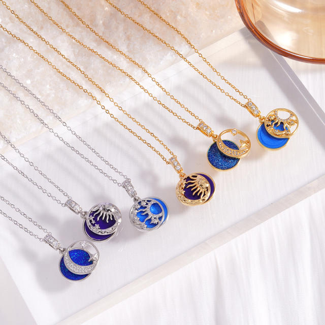 Fashion Sun Moon star blue enamel pendant stainless steel chain necklace