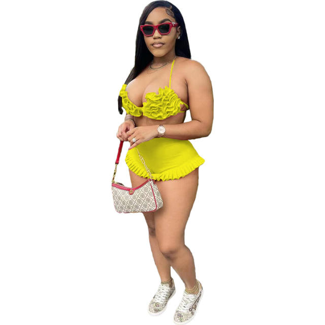 Sexy Strap Neck Backless Ruffled Shorts Set
