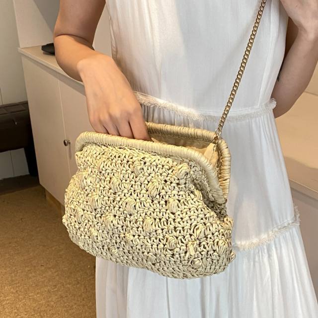 Straw Bag 2025 New Mori Sweet Girl Fashion Hollow Shoulder Bag Stylish Chain Crossbody Beach Bag