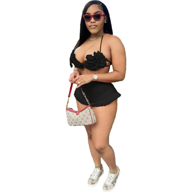 Sexy Strap Neck Backless Ruffled Shorts Set