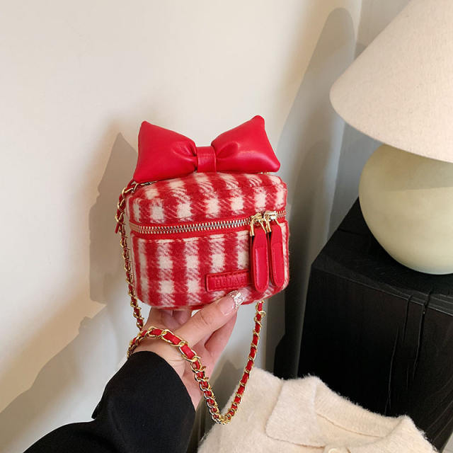 Cute plaid pattern sweet bow purse bag chain bag box bag for women girls