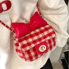 Cute plaid pattern sweet bow purse bag chain bag box bag for women girls