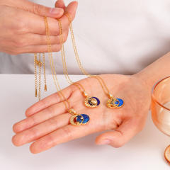 Fashion Sun Moon star blue enamel pendant stainless steel chain necklace