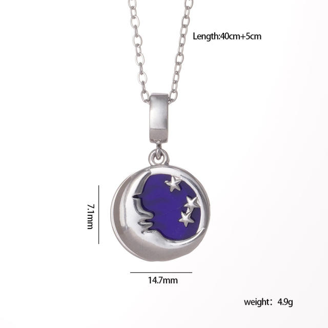 Fashion Sun Moon star blue enamel pendant stainless steel chain necklace