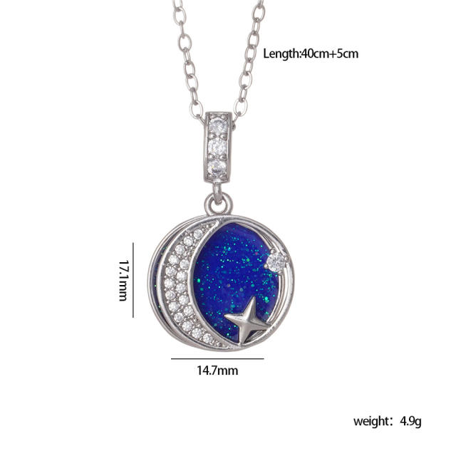 Fashion Sun Moon star blue enamel pendant stainless steel chain necklace